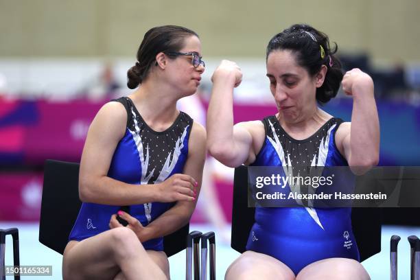 Valeria Nardo of Italy reacts with her team mate Giovanna Angela Demurtas after her Vaulting during the Gymnastic competition at Messe Berlin on day...