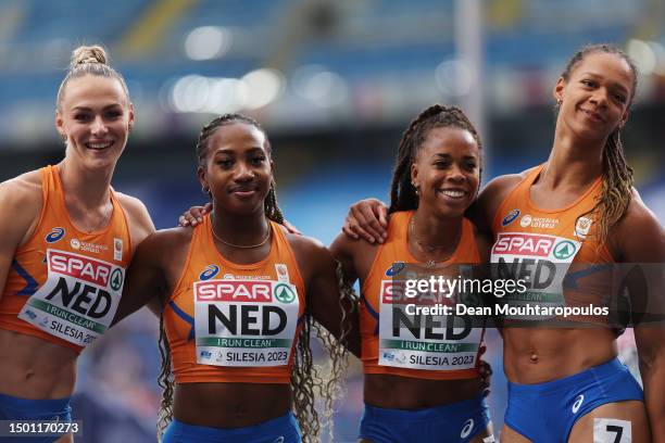 Lieke Klaver, N'Ketia Seedo, Jamile Samuel and Tasa Jiya of Netherlands celebrate victory in the Women's 4 x 100m Relay - Div 1 Heat A during day...