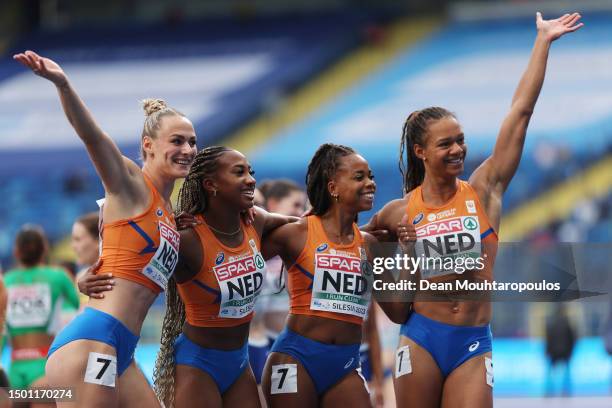 Lieke Klaver, N'Ketia Seedo, Jamile Samuel and Tasa Jiya of Netherlands celebrate victory in the Women's 4 x 100m Relay - Div 1 Heat A during day...