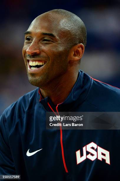 Kobe Bryant of United States looks on before taking on Argentina during the Men's Basketball semifinal match on Day 14 of the London 2012 Olympic...