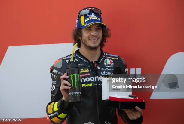Marco Bezzecchi of Italy and Mooney VR46 Racing Team celebrates the MotoGP pole position during the MotoGP of Netherlands - Qualifying at TT Circuit...