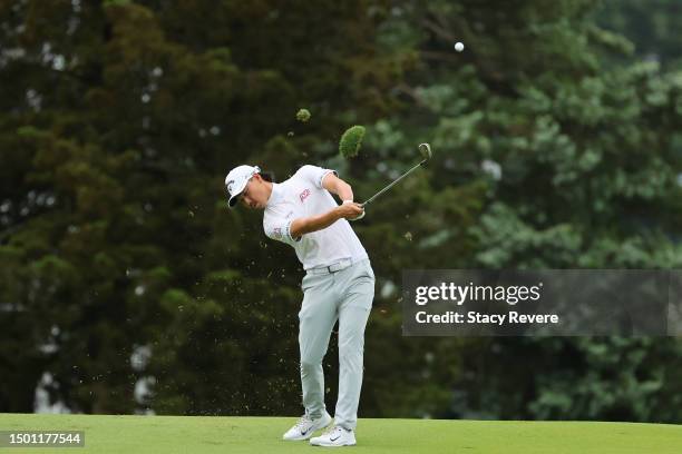 Min Woo Lee of Australia plays a second shot on the second hole during the third round of the Travelers Championship at TPC River Highlands on June...