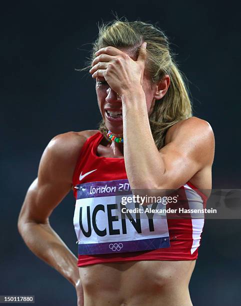 Morgan Uceny of the United States reacts after competing in the Women's 1500m Final on Day 14 of the London 2012 Olympic Games at Olympic Stadium on...