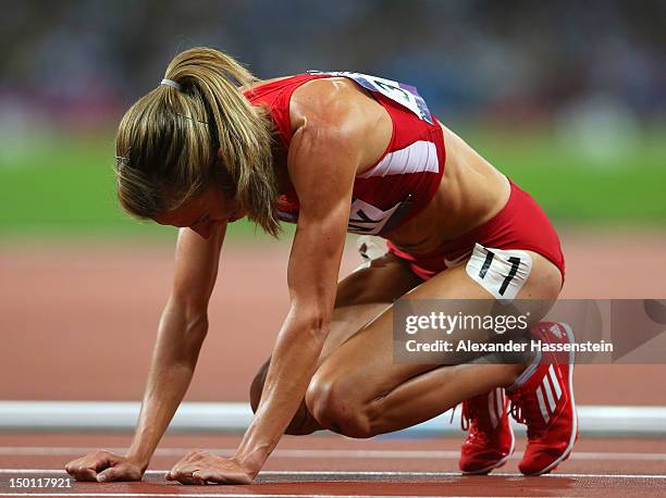 Morgan Uceny of the United States reacts after competing in the Women's 1500m Final on Day 14 of the London 2012 Olympic Games at Olympic Stadium on...