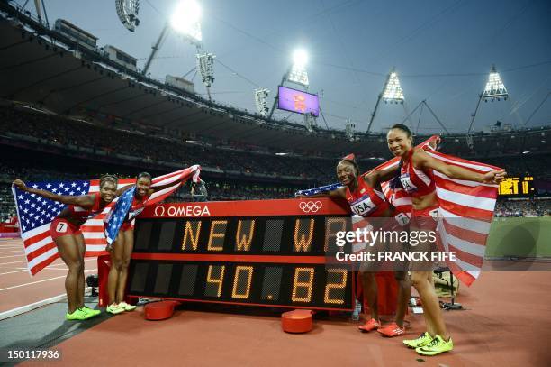 Tianna Madison, Carmelita Jeter, Bianca Knight and Allyson Felix pose by the record board after they broke the world record in the women's 4 x 100m...