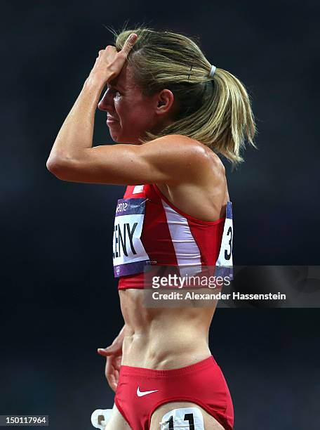 Morgan Uceny of the United States reacts after competing in the Women's 1500m Final on Day 14 of the London 2012 Olympic Games at Olympic Stadium on...