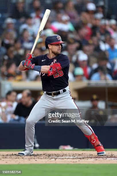 Lane Thomas of the Washington Nationals at bat during a game against the San Diego Padres at PETCO Park on June 23, 2023 in San Diego, California.