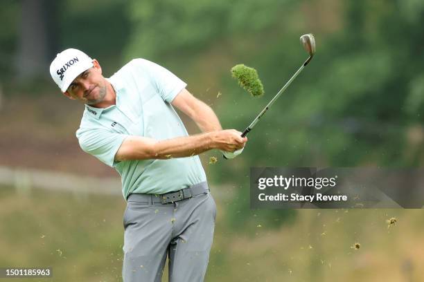 Keegan Bradley of the United States plays a second shot on the second hole during the third round of the Travelers Championship at TPC River...