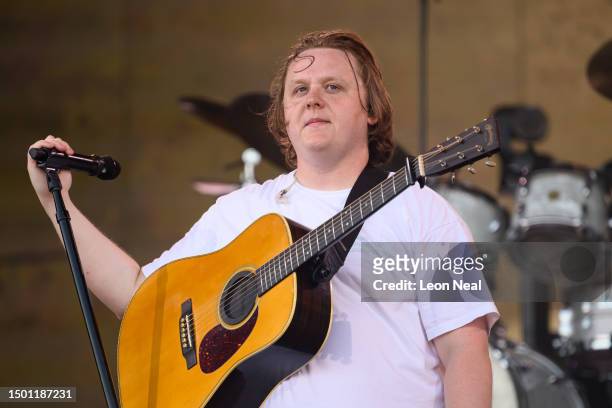 Lewis Capaldi performs on the Pyramid Stage on Day 4 of Glastonbury Festival 2023 on June 24, 2023 in Glastonbury, England. The Glastonbury Festival...
