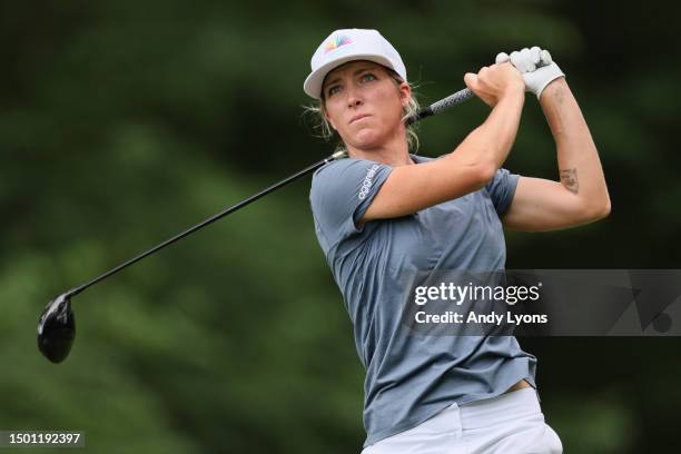 Mel Reid of England hits a tee shot on the third hole during the third round of the KPMG Women's PGA Championship at Baltusrol Golf Club on June 24,...