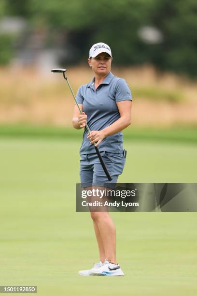 Lee-Anne Pace of South Africa reacts to a putt on the second green during the third round of the KPMG Women's PGA Championship at Baltusrol Golf Club...