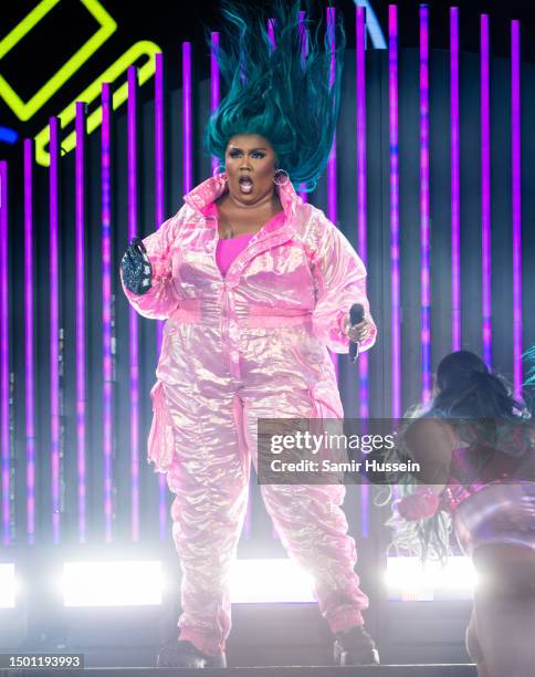 Lizzo performs on the Pyramid Stage on Day 4 of Glastonbury Festival 2023 on June 24, 2023 in Somerset, United Kingdom.