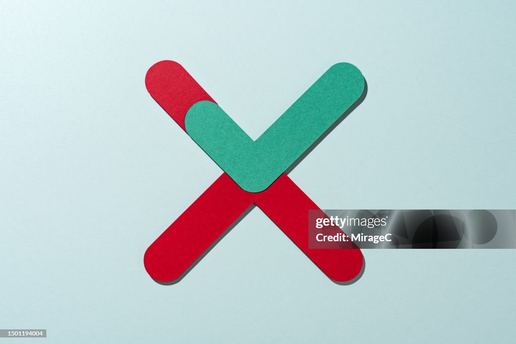 Green Check Mark Embedded in Red Colored Cross Mark, Paper Craft