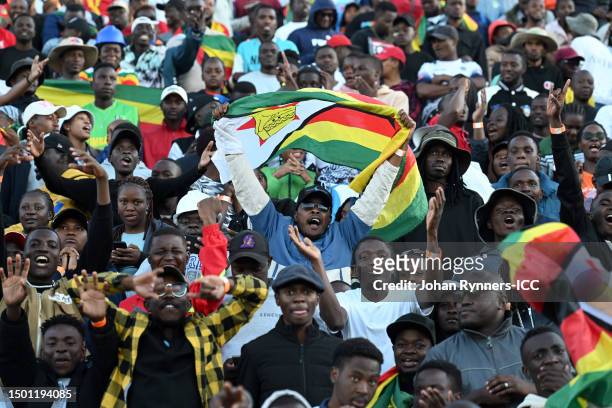 Fans are seen inside the stadium during the ICC Men's World Cup Qualifier between Zimbabwe and West Indies at Harare Sports Club on June 24, 2023 in...