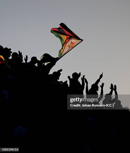 Fans are seen inside the stadium during the ICC Men's World Cup Qualifier between Zimbabwe and West Indies at Harare Sports Club on June 24, 2023 in...