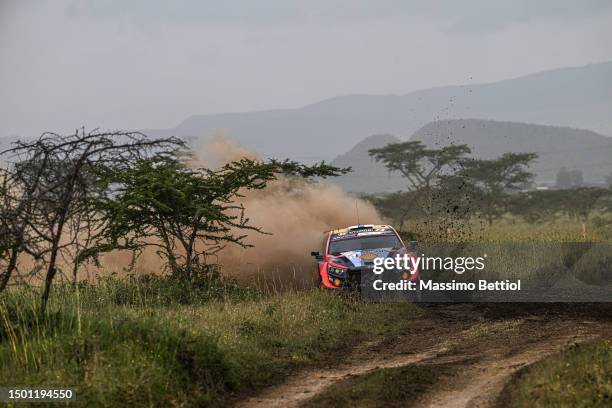 Esapekka Lappi of Finland and Janne Ferm of Finland compete with their Hyundai Shell Mobis WRT Hyundai i20 N Rally1 Hybrid during Day Three of the...