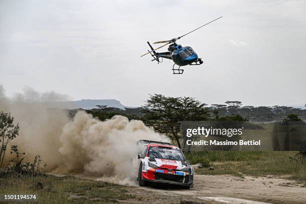 Elfyn Evans of Great Britain and Scott Martin of Great Britain compete with their Toyota Gazoo Racing WRT Toyota GR Yaris Rally1 during Day Three of...