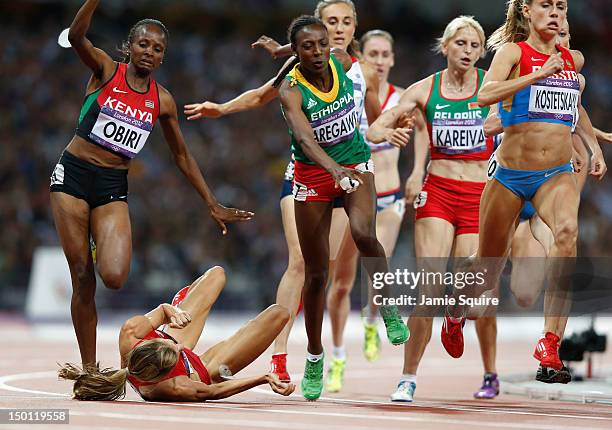 Morgan Uceny of the United States falls during the Women's 1500m Final on Day 14 of the London 2012 Olympic Games at Olympic Stadium on August 10,...