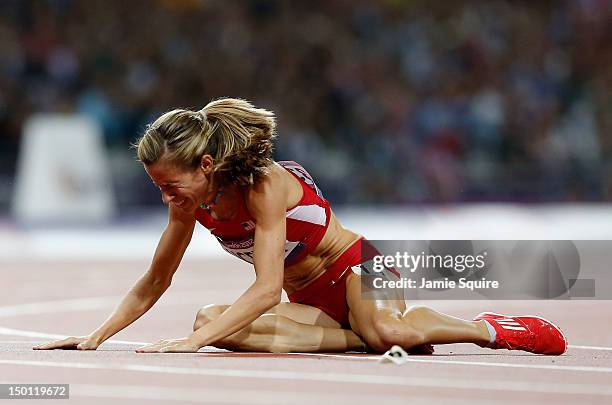 Morgan Uceny of the United States reacts after falling during the Women's 1500m Final on Day 14 of the London 2012 Olympic Games at Olympic Stadium...