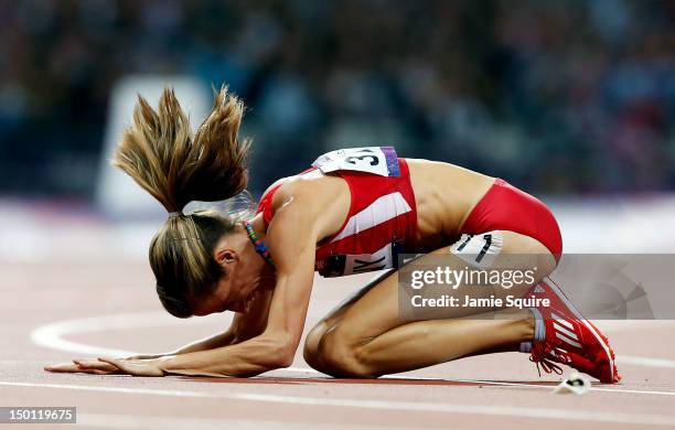 Morgan Uceny of the United States reacts after falling during the Women's 1500m Final on Day 14 of the London 2012 Olympic Games at Olympic Stadium...