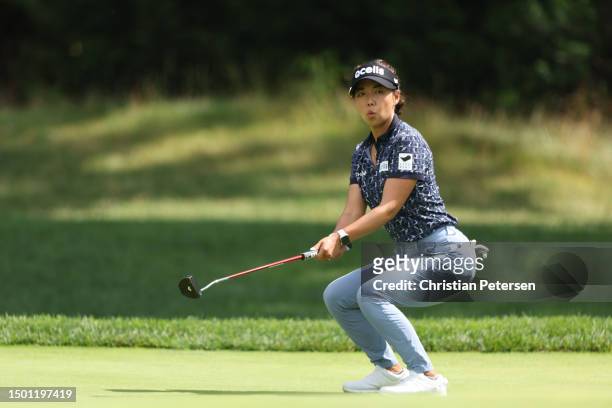 Jenny Shin of South Korea reacts to missing a putt on the 13th green during the third round of the KPMG Women's PGA Championship at Baltusrol Golf...