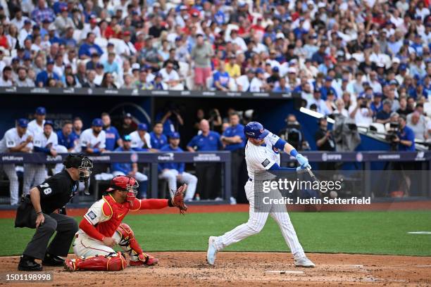 Ian Happ of the Chicago Cubs bats during the MLB London Series match between the St. Louis Cardinals and Chicago Cubs at London Stadium on June 24,...