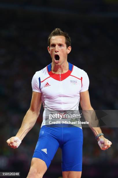 Renaud Lavillenie of France celebrates after a jump during the Men's Pole Vault Final on Day 14 of the London 2012 Olympic Games at Olympic Stadium...