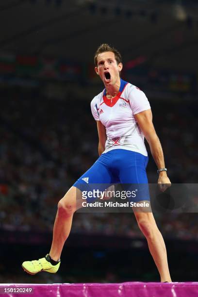 Renaud Lavillenie of France celebrates after a jump during the Men's Pole Vault Final on Day 14 of the London 2012 Olympic Games at Olympic Stadium...