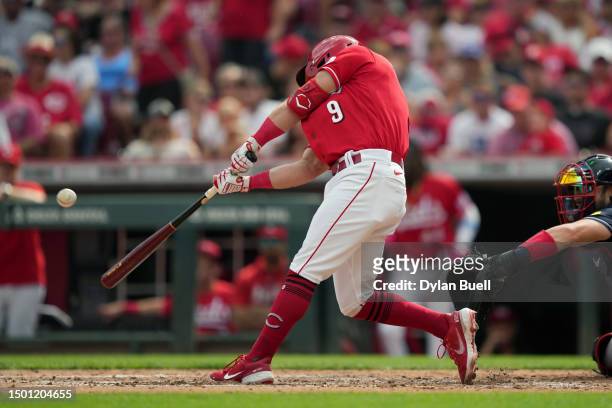 Matt McLain of the Cincinnati Reds hits a home run in the third inning against the Atlanta Braves at Great American Ball Park on June 24, 2023 in...