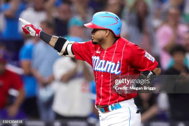 Luis Arraez of the Miami Marlins rounds the bases after hitting a home run against the Pittsburgh Pirates during the fifth inning at loanDepot park...