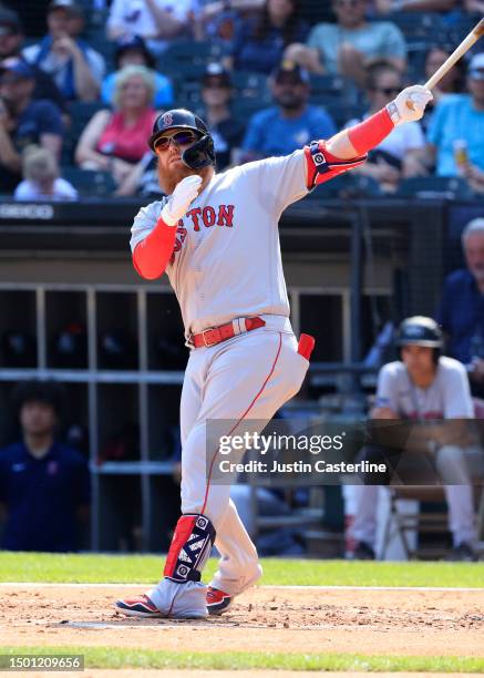 Justin Turner of the Boston Red Sox at bat in the third inning in the game against the Chicago White Sox at Guaranteed Rate Field on June 24, 2023 in...