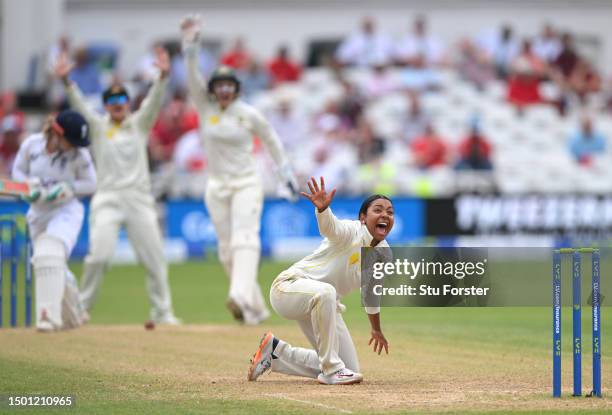 Australia bowler Alana King appeals for the wicket of England batter Tammy Beaumont which is given out but overturned on review during day three of...