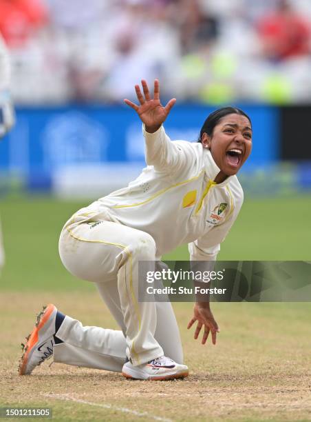 Australia bowler Alana King appeals for the wicket of England batter Tammy Beaumont which is given out but overturned on review during day three of...