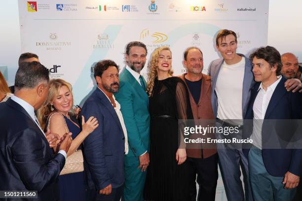 Yari Gugliucci, Luca Calvani, Amber Heard, Barrett Wissman, Conor Allyn and Eduardo Noriega attend the 69th Taormina Film Festival on June 24, 2023...