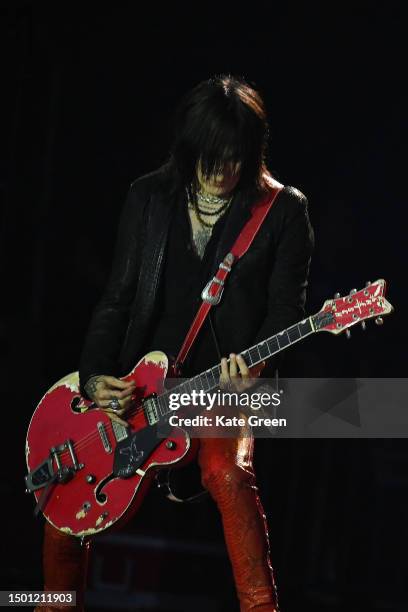 Izzy Stradlin of Guns N' Roses performs as the band headline the Pyramid Stage at Day 4 of Glastonbury Festival 2023 on June 24, 2023 in Glastonbury,...