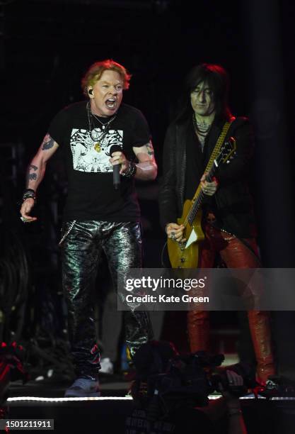 Axl Rose and Izzy Stradlin of Guns N' Roses perform as the band headline the Pyramid Stage at Day 4 of Glastonbury Festival 2023 on June 24, 2023 in...