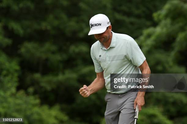 Keegan Bradley of the United States reacts on the 14th green during the third round of the Travelers Championship at TPC River Highlands on June 24,...