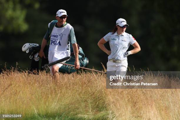 Leona Maguire of Ireland and her caddie walk the 17th fairway during the third round of the KPMG Women's PGA Championship at Baltusrol Golf Club on...