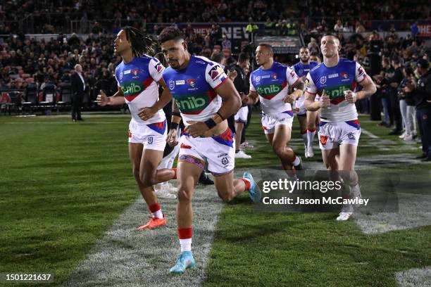 Dane Gagai of the Knights takes to the field during the round 17 NRL match between Penrith Panthers and Newcastle Knights at BlueBet Stadium on June...
