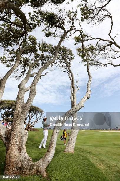Rory McIlroy of Northern Ireland hits a shot on the seventh hole during Round Two of the 94th PGA Championship at the Ocean Course on August 10, 2012...