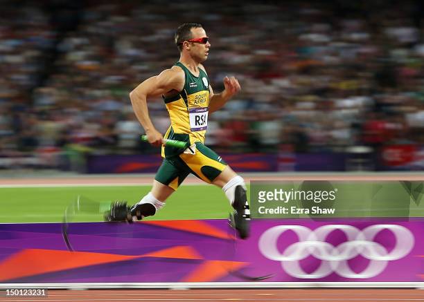 Oscar Pistorius of South Africa competes during the Men's 4 x 400m Relay Final on Day 14 of the London 2012 Olympic Games at Olympic Stadium on...