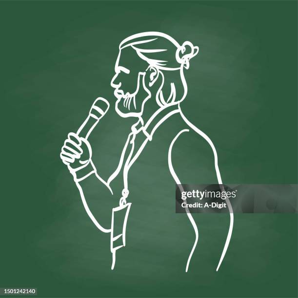 ilustrações de stock, clip art, desenhos animados e ícones de profile of young man speaker chalkboard - man bun