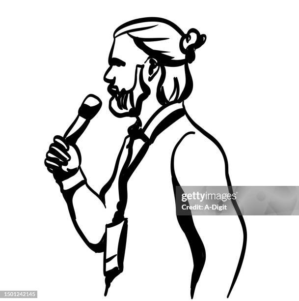 ilustrações de stock, clip art, desenhos animados e ícones de profile of young man speaker ink - man bun