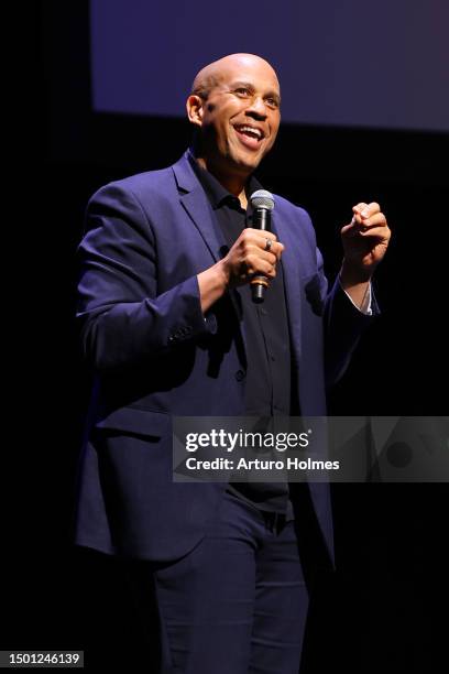 Sen. Cory Booker speaks onstage during “An Evening with Stephen Colbert and Jim Gaffigan” at Newark’s NJPAC as part of the inaugural North to Shore...