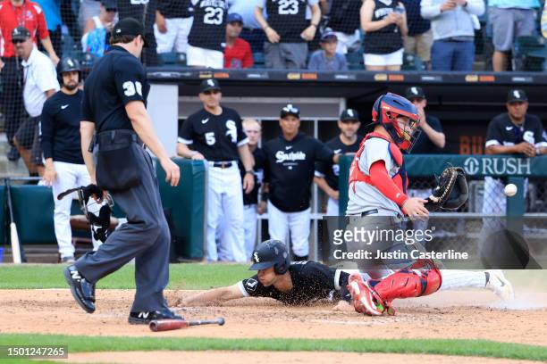 Zach Remillard of the Chicago White Sox scores a run in the ninth inning in the game against the Boston Red Sox at Guaranteed Rate Field on June 24,...