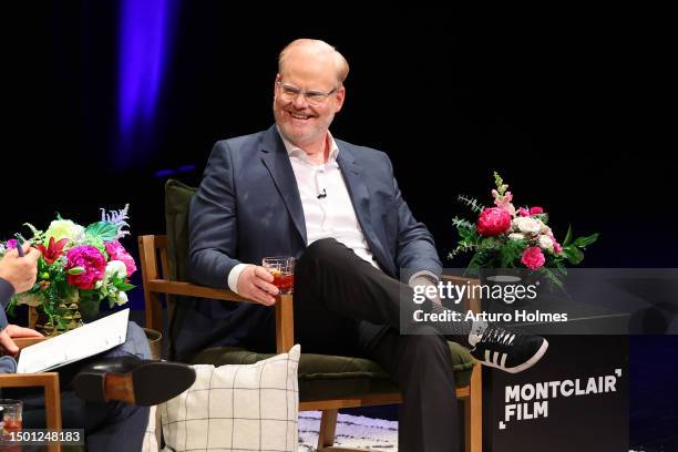 Jim Gaffigan speaks onstage during “An Evening with Stephen Colbert and Jim Gaffigan” at Newark’s NJPAC as part of the inaugural North to Shore...