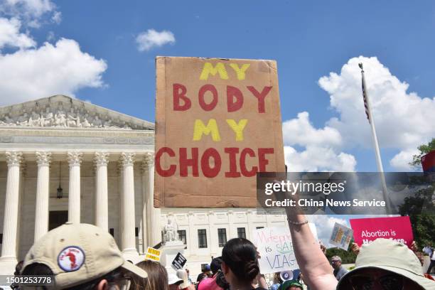 Abortion rights activists march to the U.S. Supreme Court on June 24, 2023 in Washington, DC. The rally was held to mark the one year anniversary of...