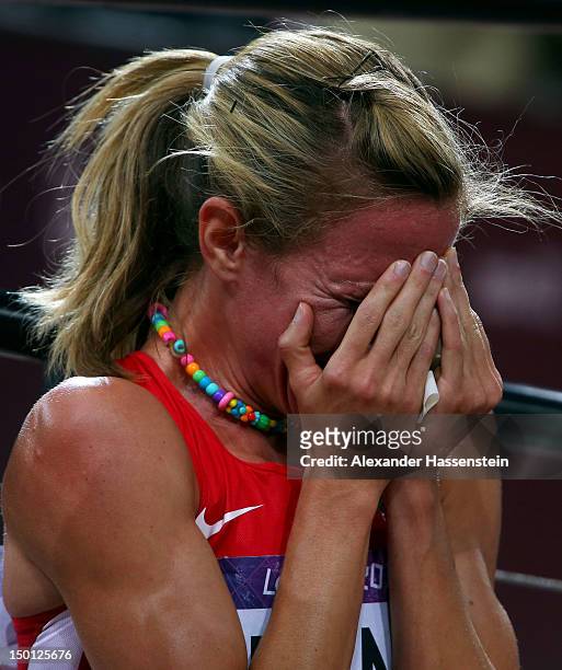 Morgan Uceny of the United States reacts after falling and failing to finish in the Women's 1500m Final on Day 14 of the London 2012 Olympic Games at...