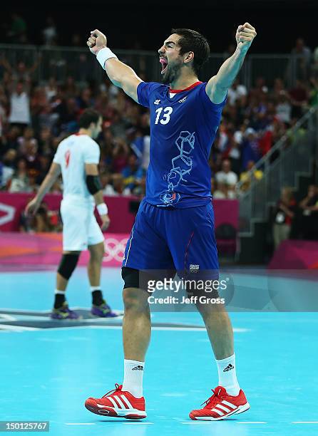 Nikola Karabatic of France celebrates against Croatia during the Men's Handball semifinal game between France and Croatia on Day 14 of the London...