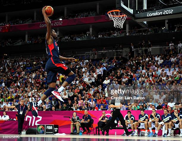 Kevin Durant of United States goes up for a dunk in the first half against Argentina during the Men's Basketball semifinal match on Day 14 of the...